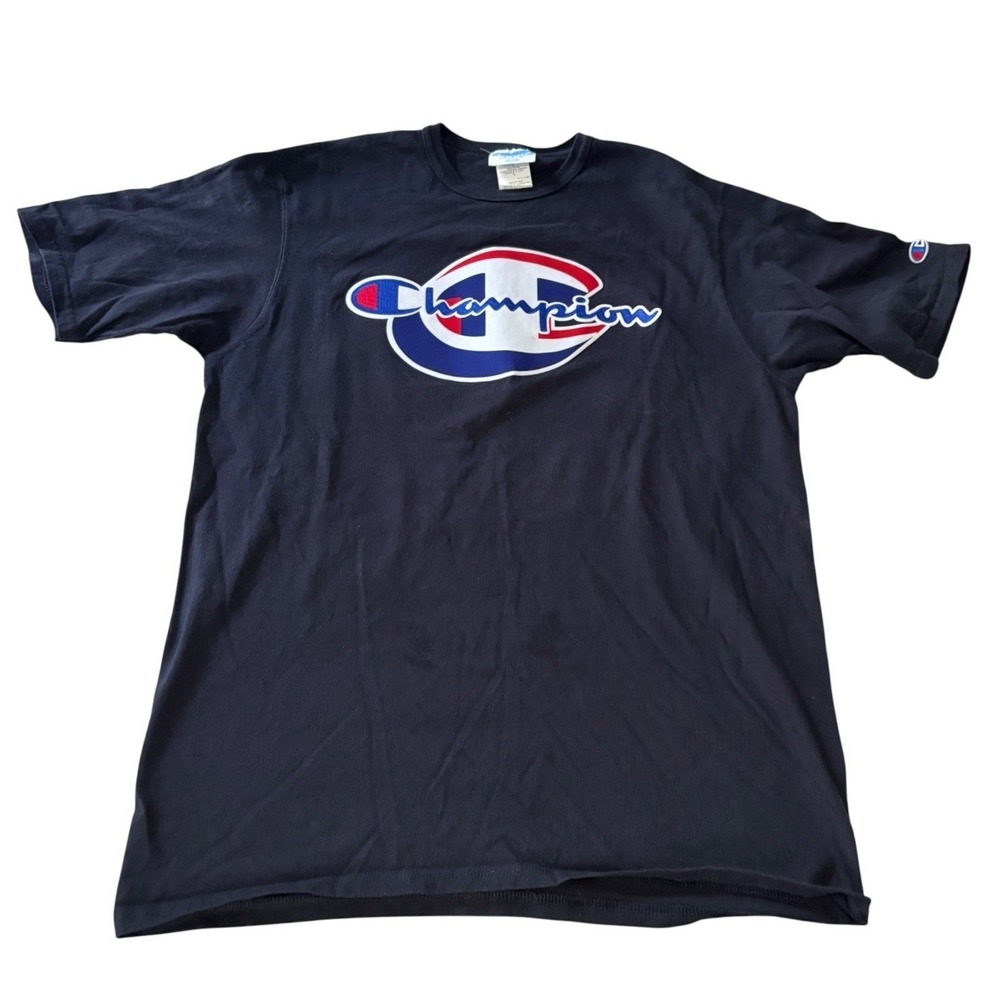 Vintage Champion Center Logo T Shirt Mens Large Blue Embroidered Spell Out Y2K